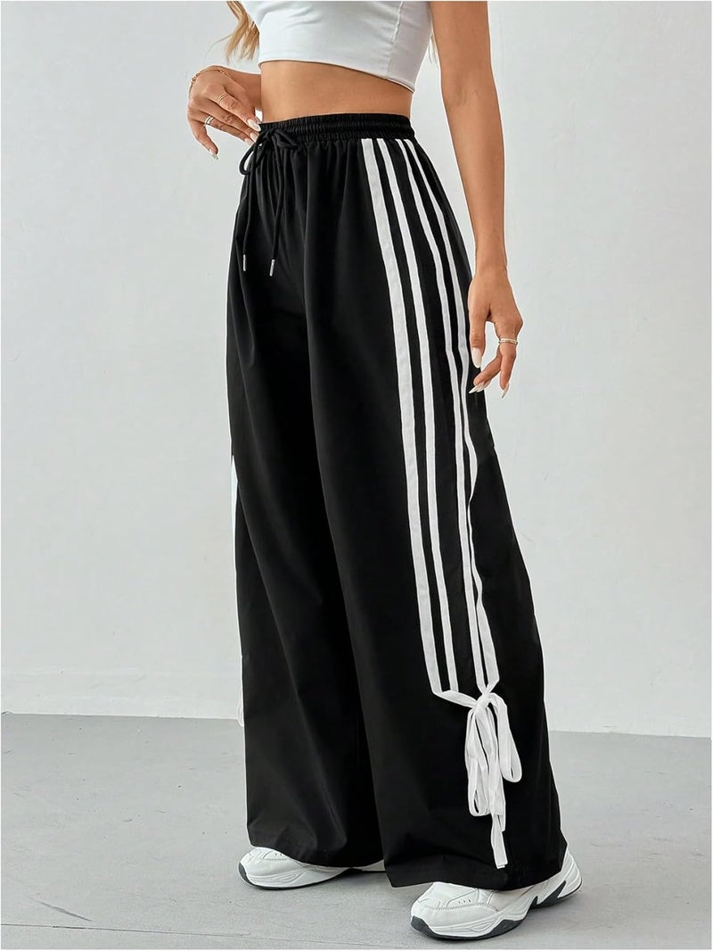 WDIRARA Girl's Side Striped Wide Leg Track Pants Bow Elastic High Waist Sweatpants Black - Image 2